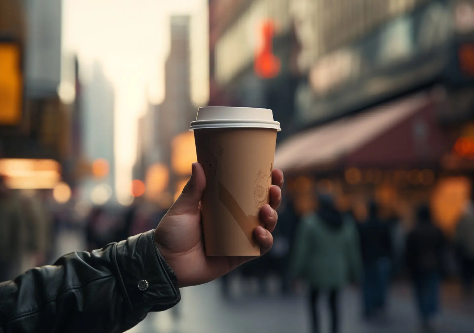 Imagem gerada por AI de uma pessoa segurando um copo de café em um lugar movimentado.