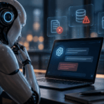 Robô humanoide analisa falhas de inteligência artificial em um notebook, cercado por alertas digitais de segurança e erros em sistemas.