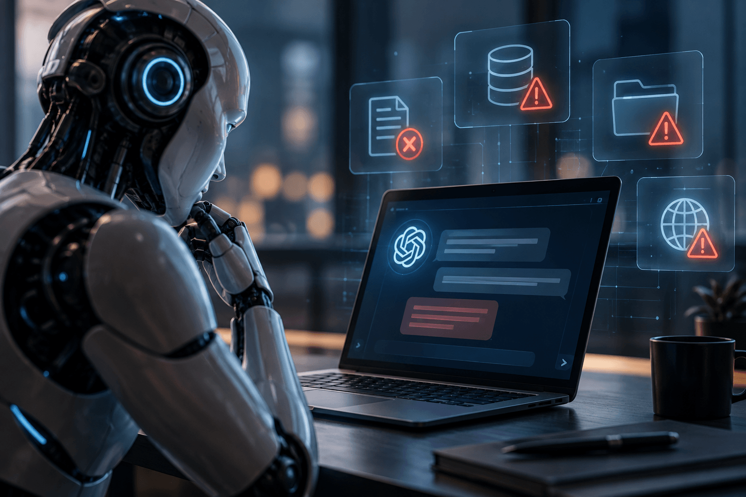 Robô humanoide analisa falhas de inteligência artificial em um notebook, cercado por alertas digitais de segurança e erros em sistemas.