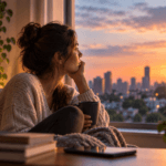 Mulher sentada no sofá observa a cidade pela janela ao pôr do sol, em um momento de reflexão e solitude.