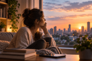 Mulher sentada no sofá observa a cidade pela janela ao pôr do sol, em um momento de reflexão e solitude.